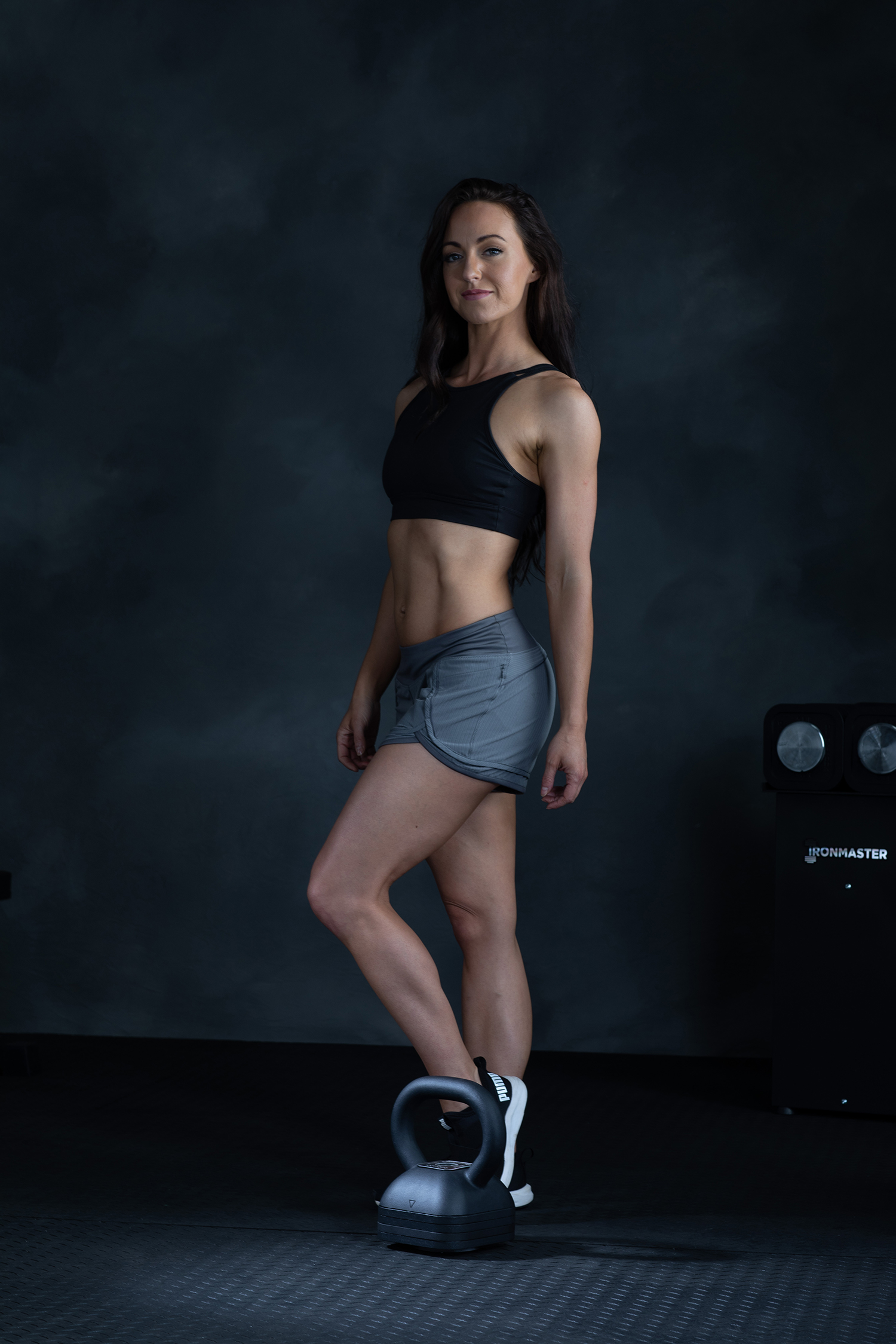 Jessie Gall, Ironmaster model, seen with the Quick-Lock Adjustable Kettlebell