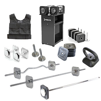 Ironmaster's Quick-Lock Weight Plates System of home gym strength training equipment.