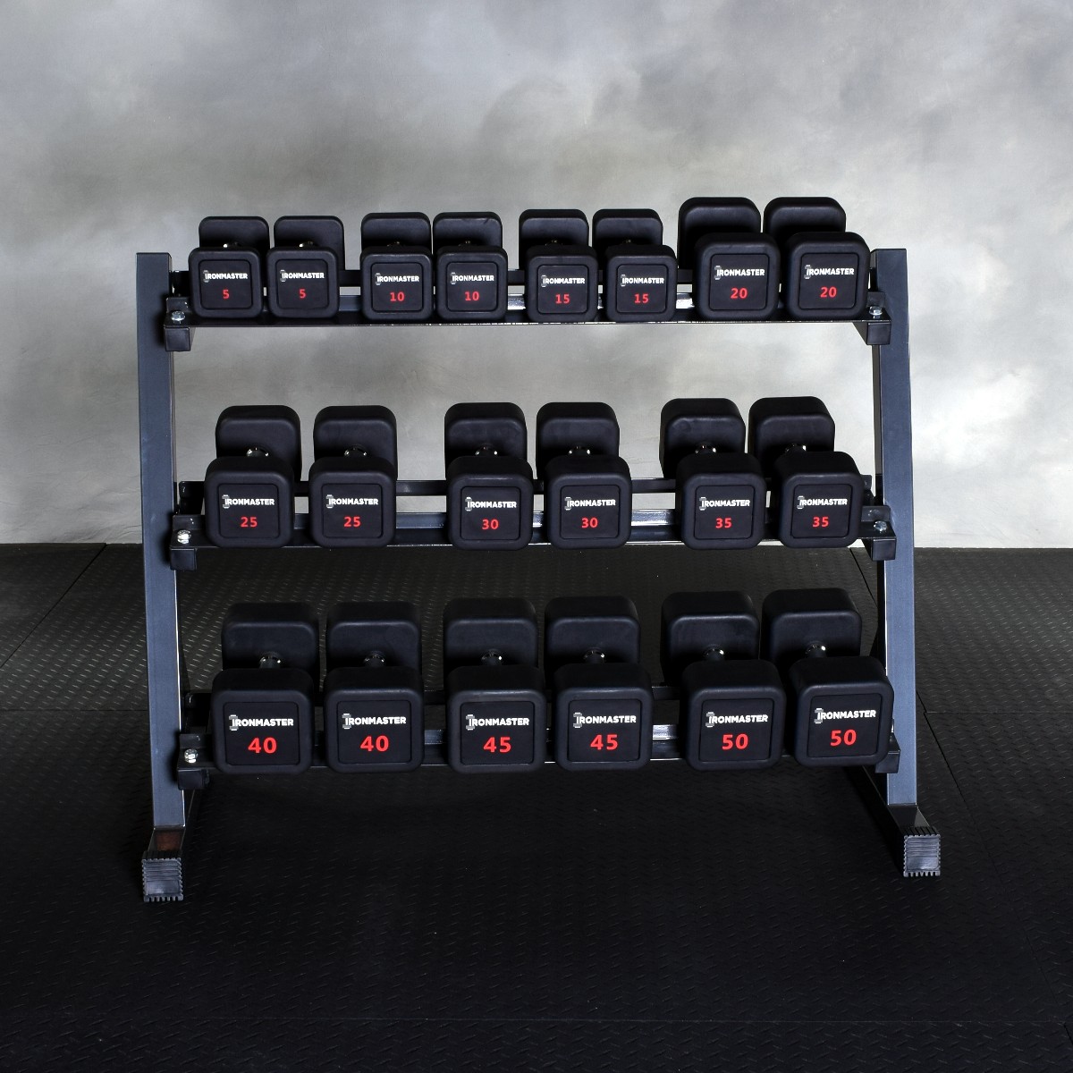 5 50 lb Rubber Dumbbell Set with Rack